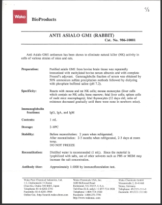 NK 细胞抑制剂                              Anti Asialo GM1(Anti AsGM1)